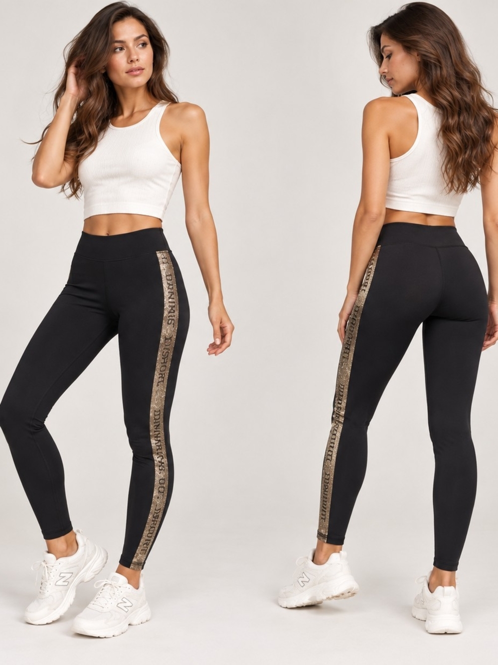 DAKINE SPORT Black Leggings Gold Lurex Logo Side Stripes